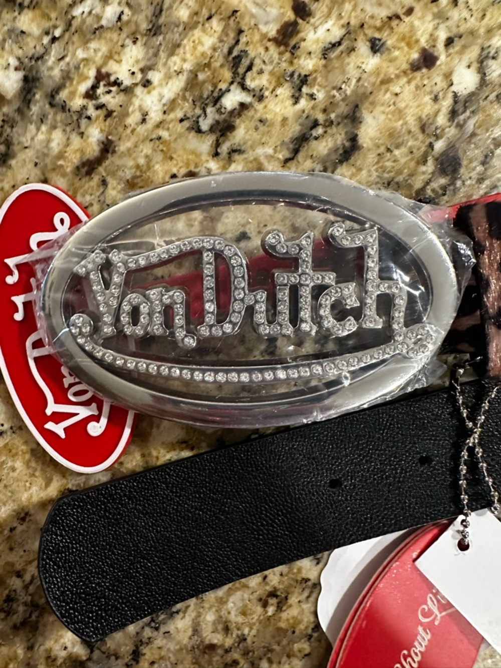 Von Dutch Silver Rhinestone Logo Oval Belt Buckle leopard print faux fur